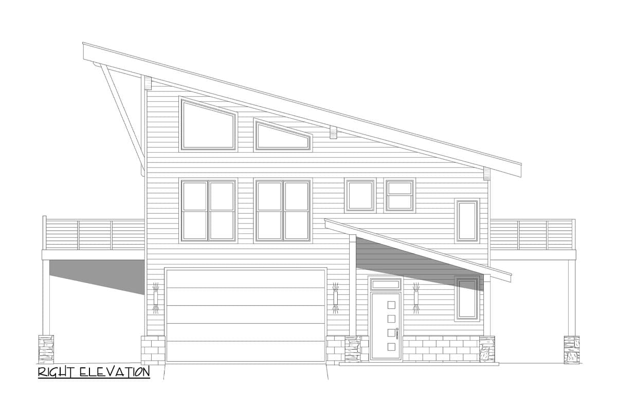 Right elevation house plan with a prominent asymmetrical roofline, multi-story windows, attached garage, and covered entry.