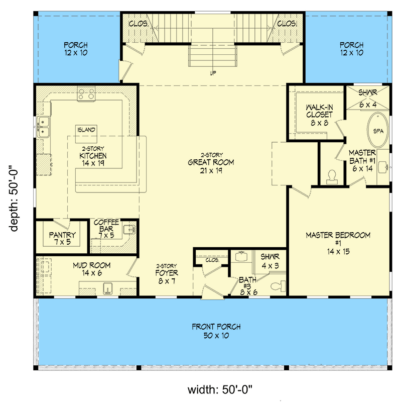 Plan 680365VR: 2-Bed Lake House Plan with 10-Foot-Deep Stacked Porches - 3136 Sq Ft - Floor Plan - Main Level - Country, Craftsman, Mountain