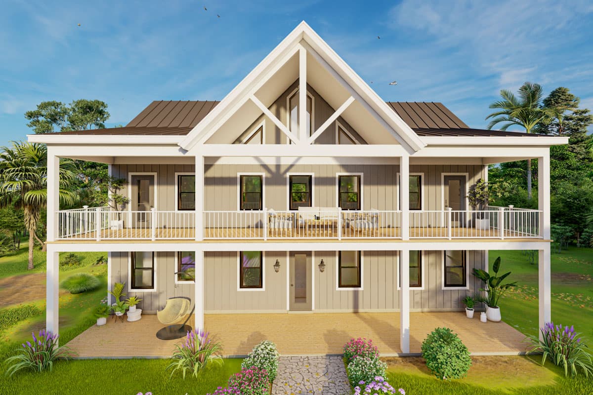 House plan exterior. Two-story Modern farmhouse with wrap-around porch and gabled roof. Features include balcony and multiple windows.