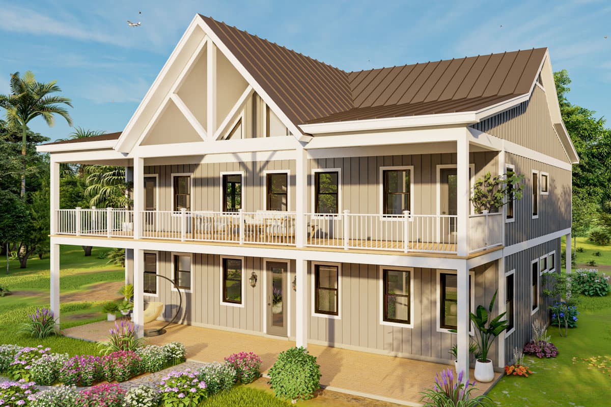 House plan exterior: two-story Modern Farmhouse with wraparound porches and prominent gable.
