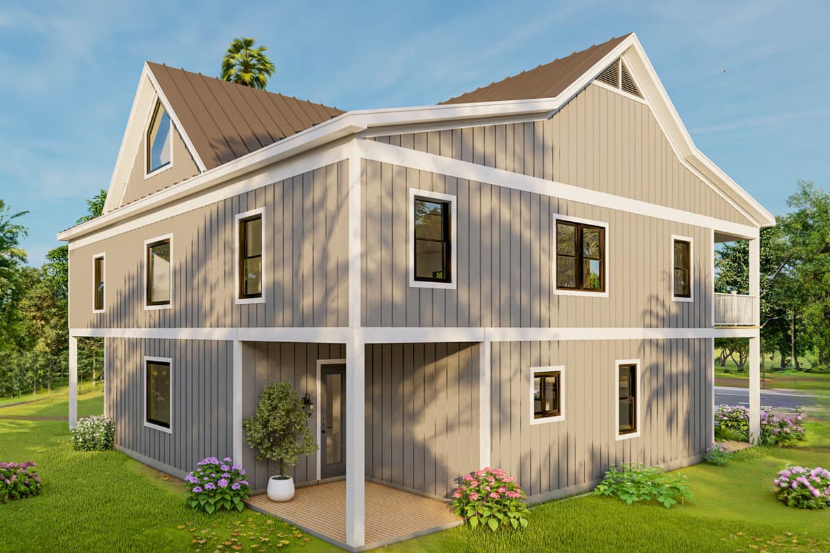 House plan exterior: Two-story home with vertical siding, gabled dormer, metal roof, and second-story balcony.