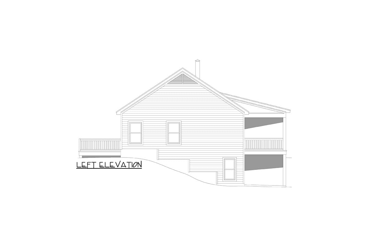 Left elevation house plan drawing of a one-story home with siding, gabled roof, two windows, and a covered porch.
