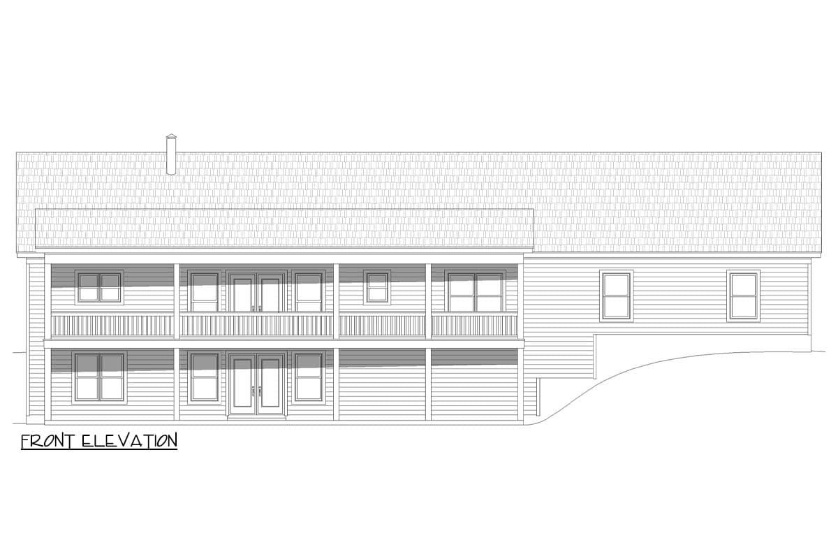 Front elevation drawing of a two-story house plan with double porches, multiple windows, and a gable roof.