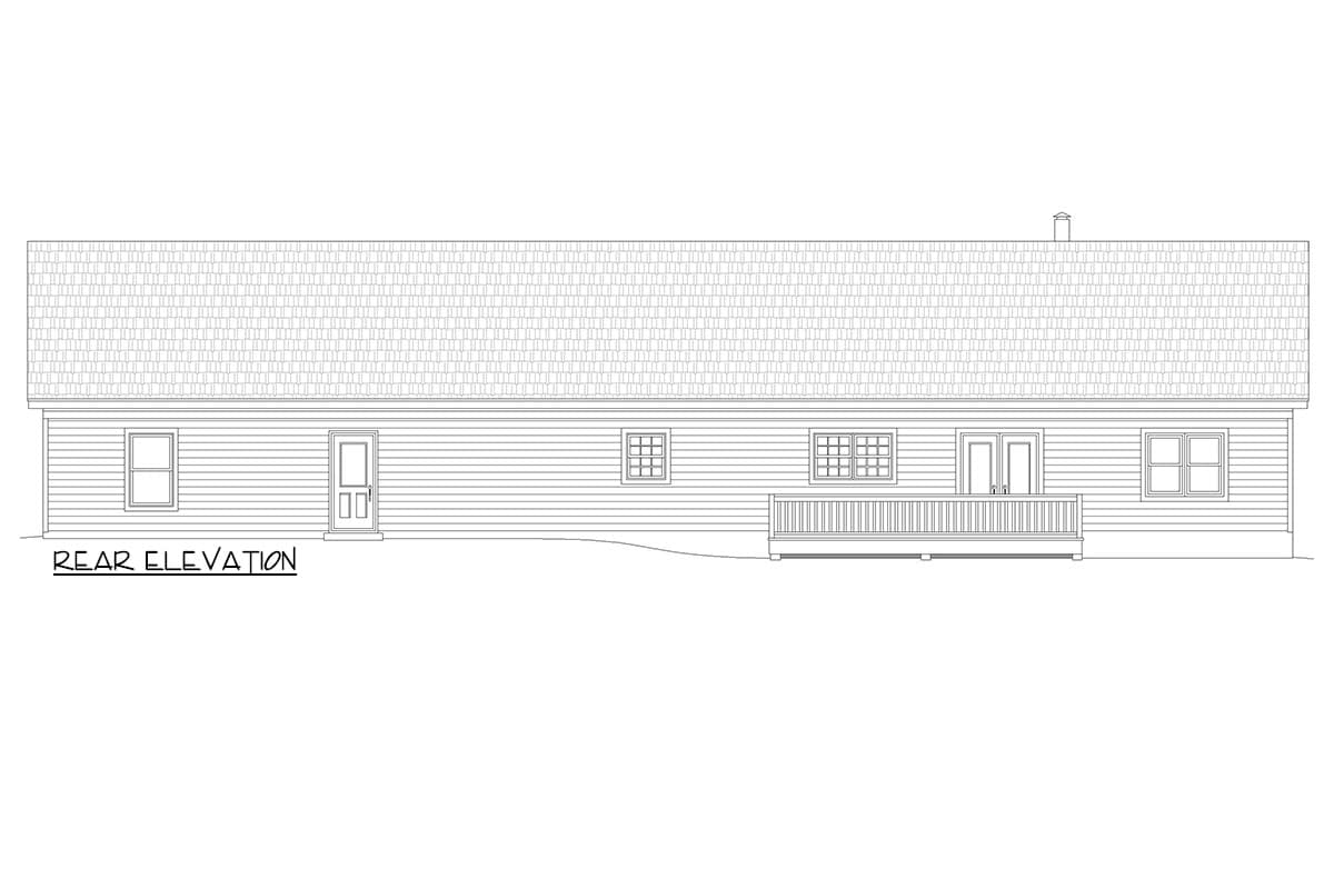 Rear elevation drawing of a single-story house plan with a gable roof, two doors, three windows, and a deck.