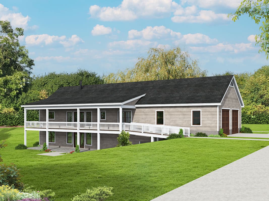 House plan exterior with two stories, covered porch, gable roof, and attached two-car garage. Features include a ramp and a sloped yard.