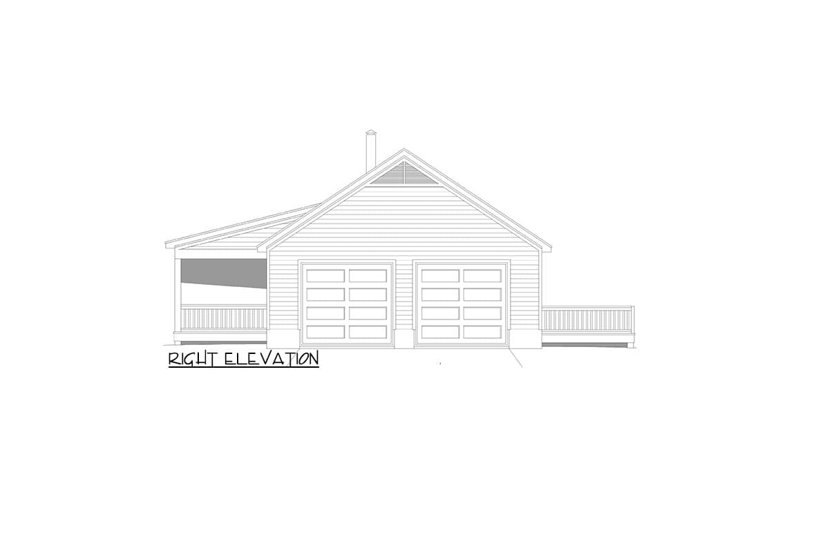 Right elevation drawing of house plan with gable roof, two garage doors, and covered porch.