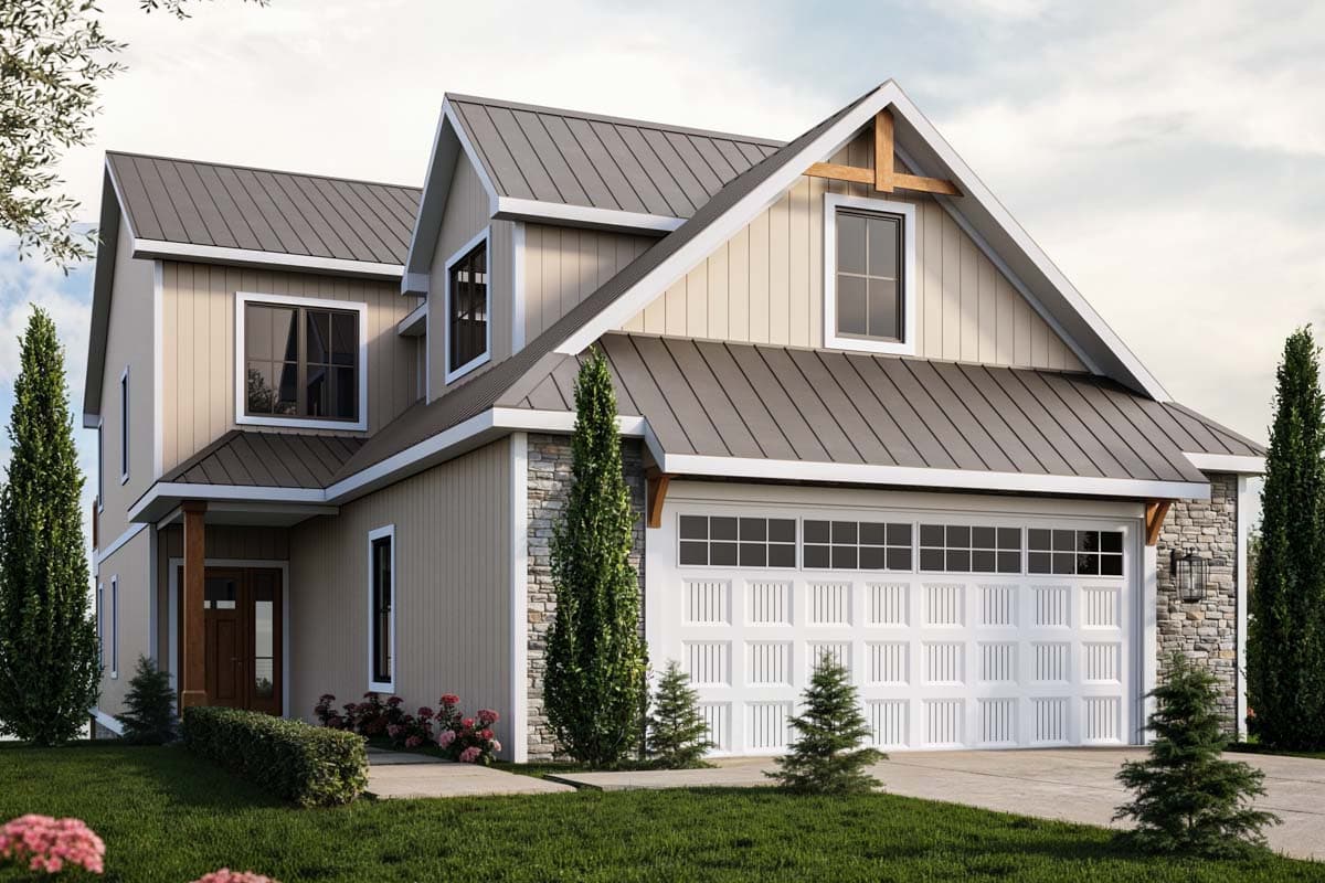 House plan exterior. Two-story Modern Farmhouse with gabled roof, stone accents, dormers, and a two-car garage.