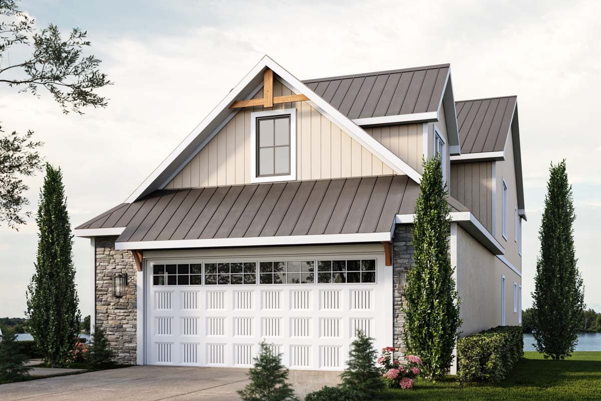 House plan exterior: Modern Farmhouse style, gabled roof, stone base, tall window in gable, metal roof.