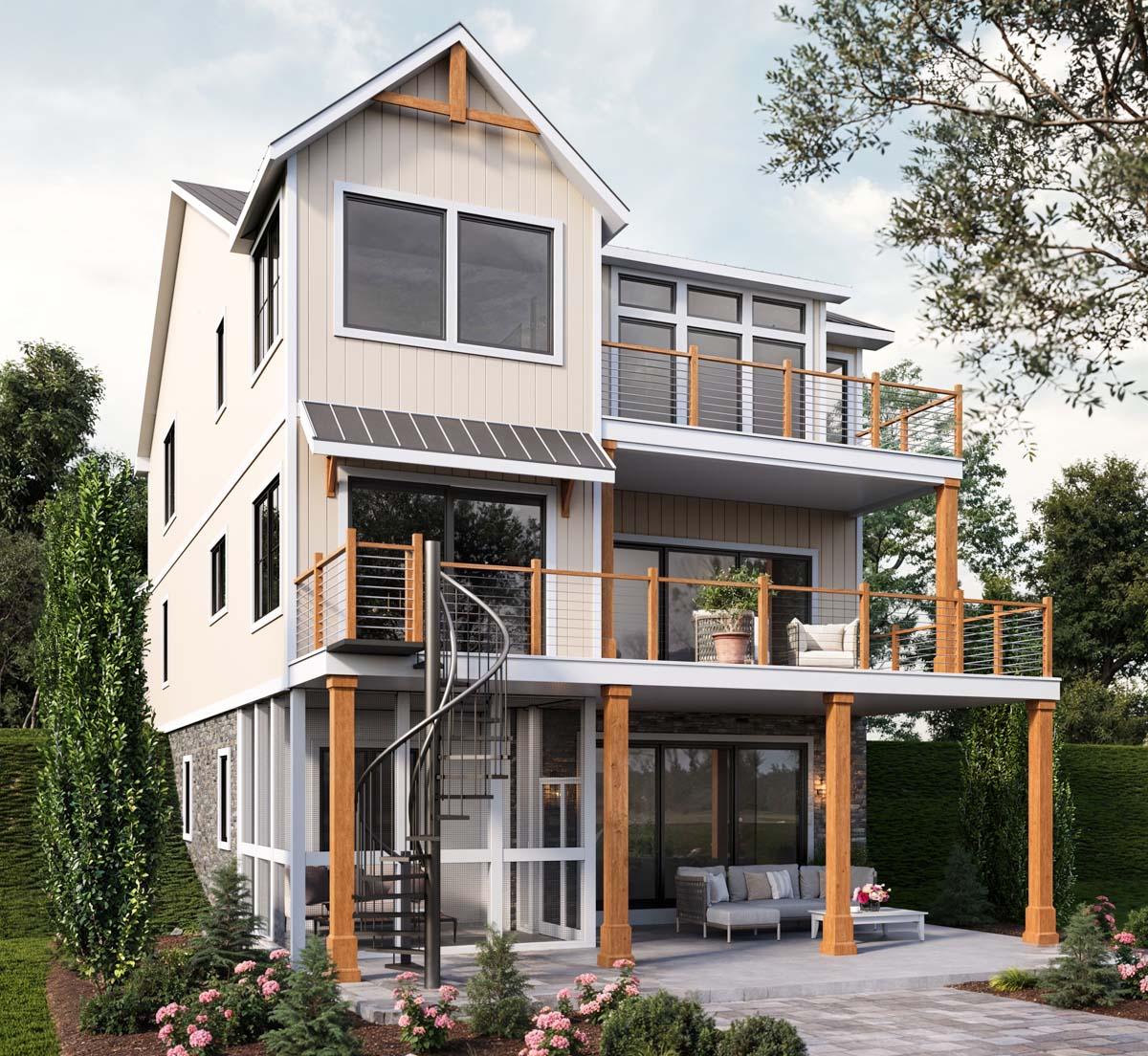 House plan exterior: three-story Modern Farmhouse with multiple balconies, spiral staircase, and board-and-batten siding.