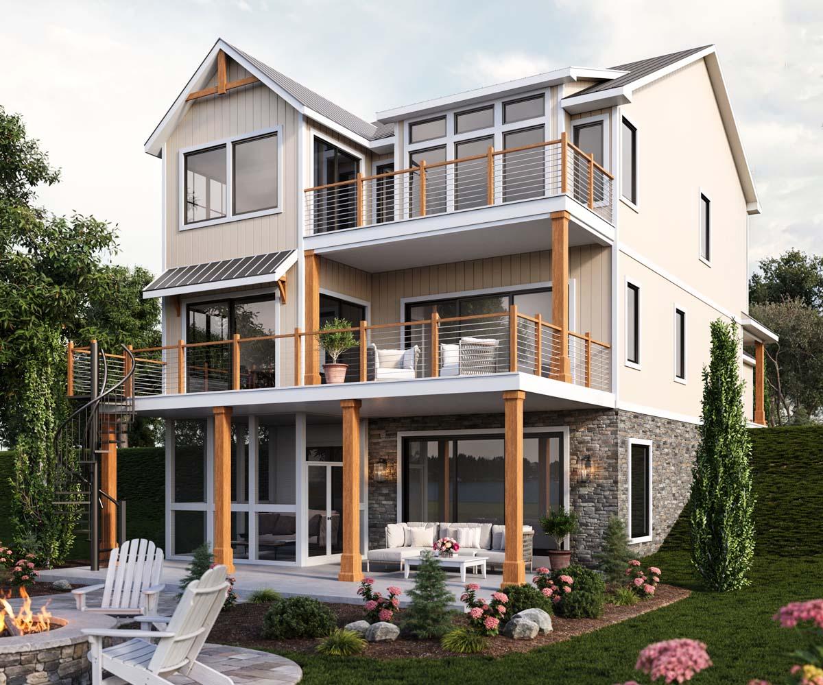 House plan exterior, three-story design with multiple balconies, spiral staircase, and stone base.