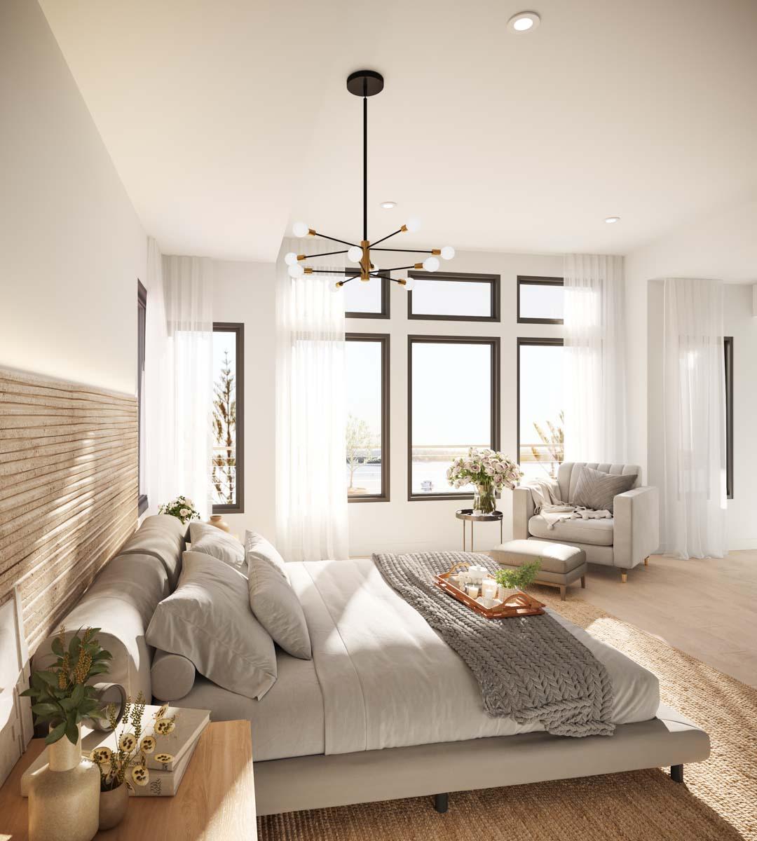 Interior rendering of a bedroom with a king-size bed, large windows, a decorative headboard, and a modern chandelier.