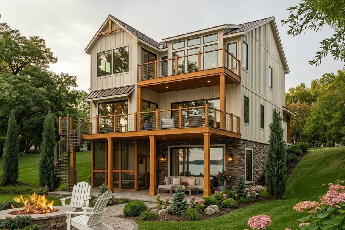 House plan exterior, three-story design with multiple balconies, spiral staircase, and stone base.