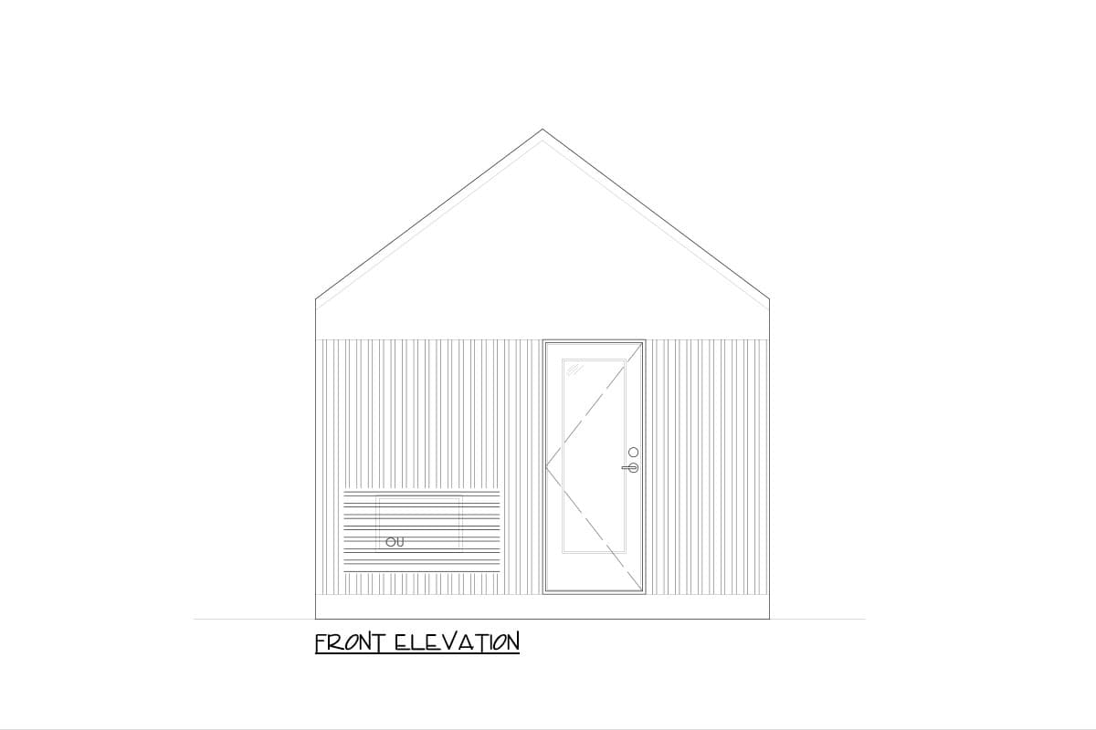 Front elevation drawing of a house with vertical siding, one door, and a horizontal vent.