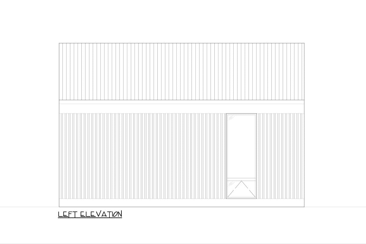 Left elevation drawing of a two-story house with vertical siding and one tall, narrow window on the lower level.