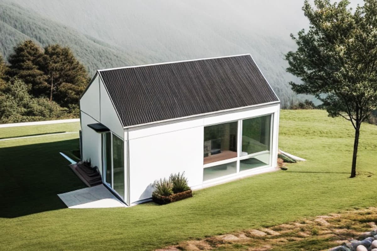 House plan exterior. Modern style with a single story, flat roof, and large glass windows. Includes covered entryway.