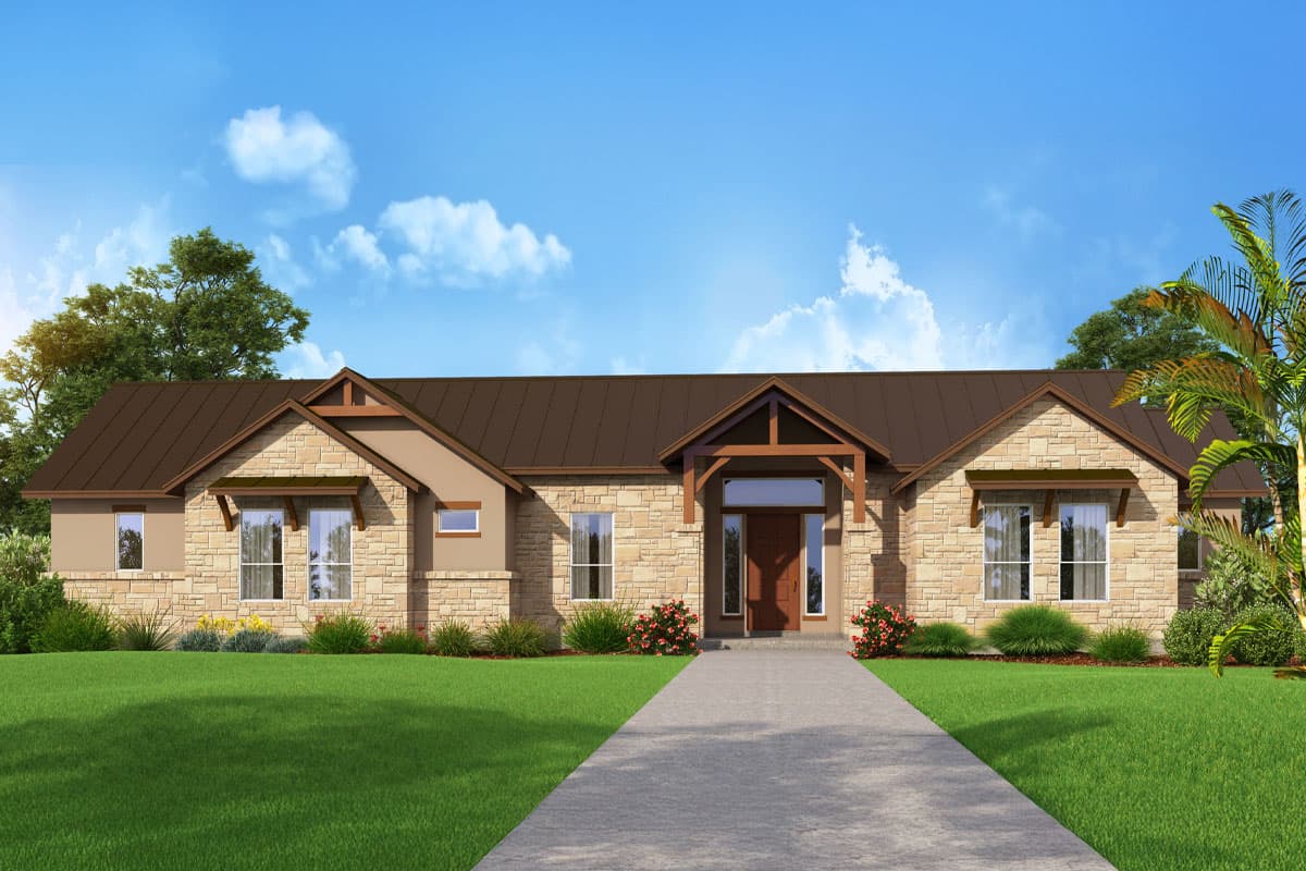 House plan exterior with stone veneer, gabled roof, and covered entry porch. Single-story, with multiple gables and dormers.
