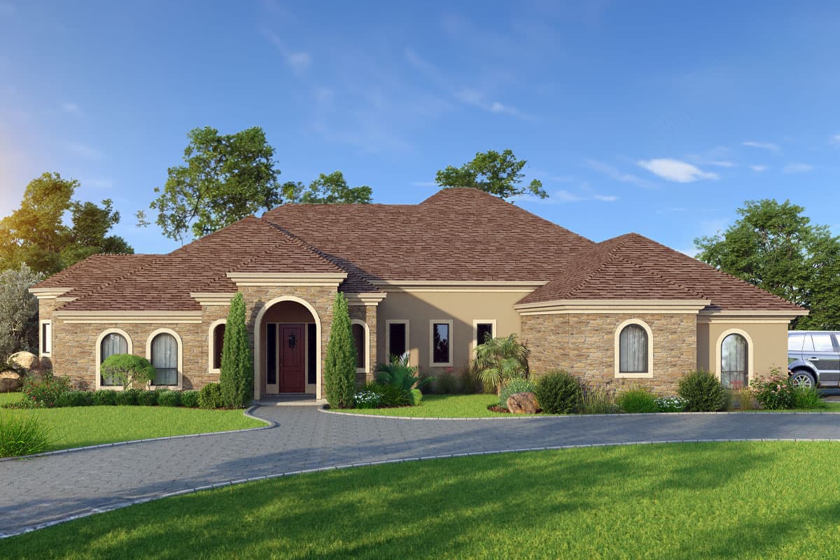House plan exterior with stone accents, arched entryway, and multi-gable roofline. Arched windows complement the design of this single-story home.