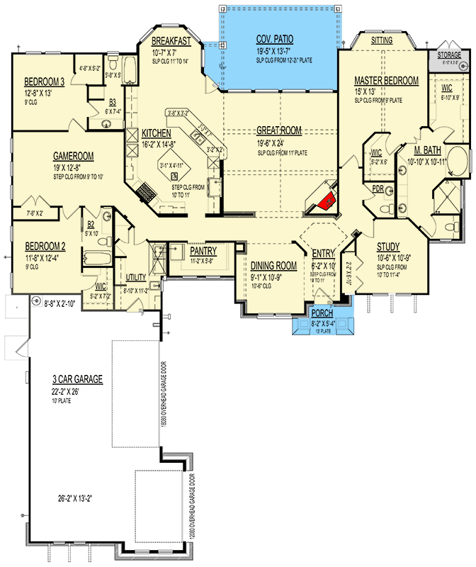 Plan 264195KMD: Southwest House Plan with Game Room and Two-Story Great Room - Floor Plan - Main Level - Southwest