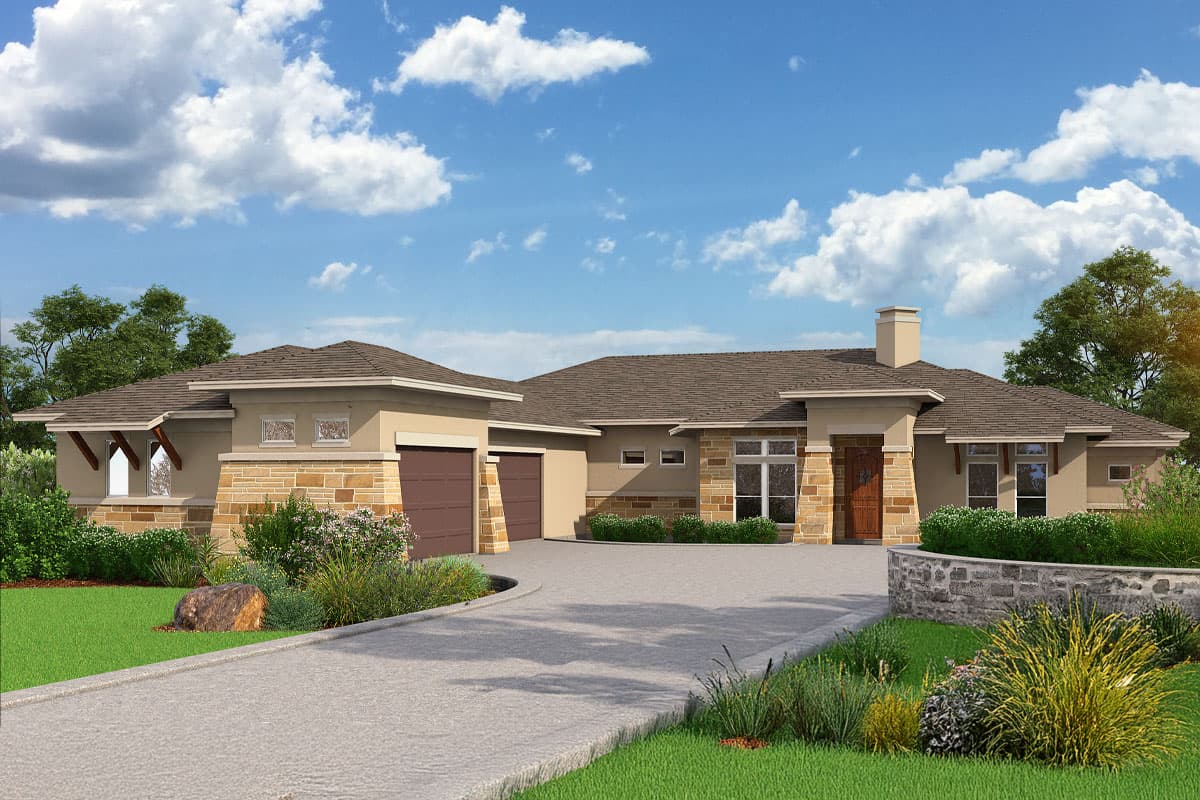 House plan exterior. Single-story design with stone facade accents and a multi-car garage. Features include a flat roof and a front entry portico.