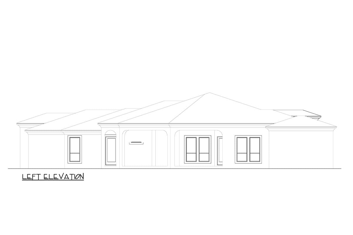 Left elevation drawing of a single-story house plan with a covered entry, multiple windows, and hip rooflines.