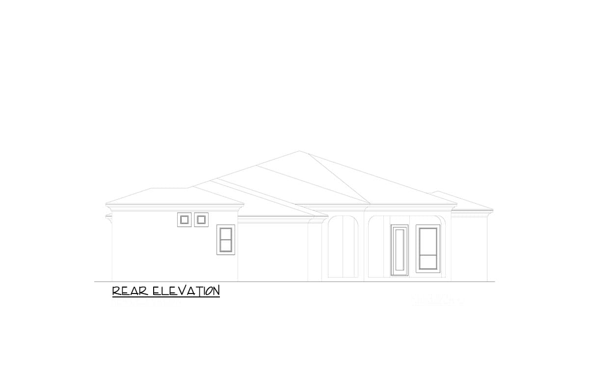 Rear elevation drawing of a single-story house plan with hip roof, arched entry, and rectangular windows.
