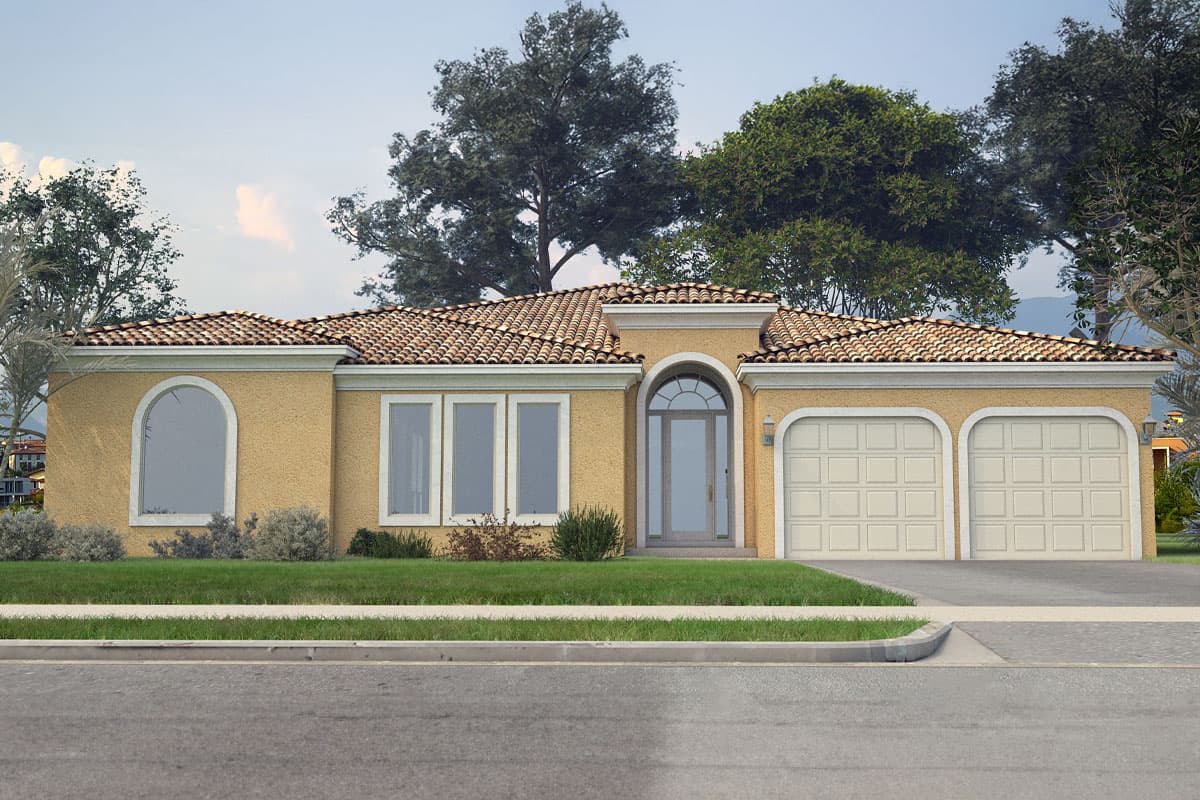 House plan exterior. One-story Mediterranean home with arched entry, barrel tile roof, and attached two-car garage.
