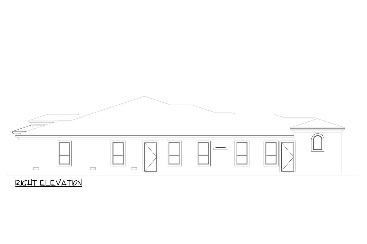 Architectural drawing: Right elevation of a house plan, showing windows, doors, and a prominent arched dormer.