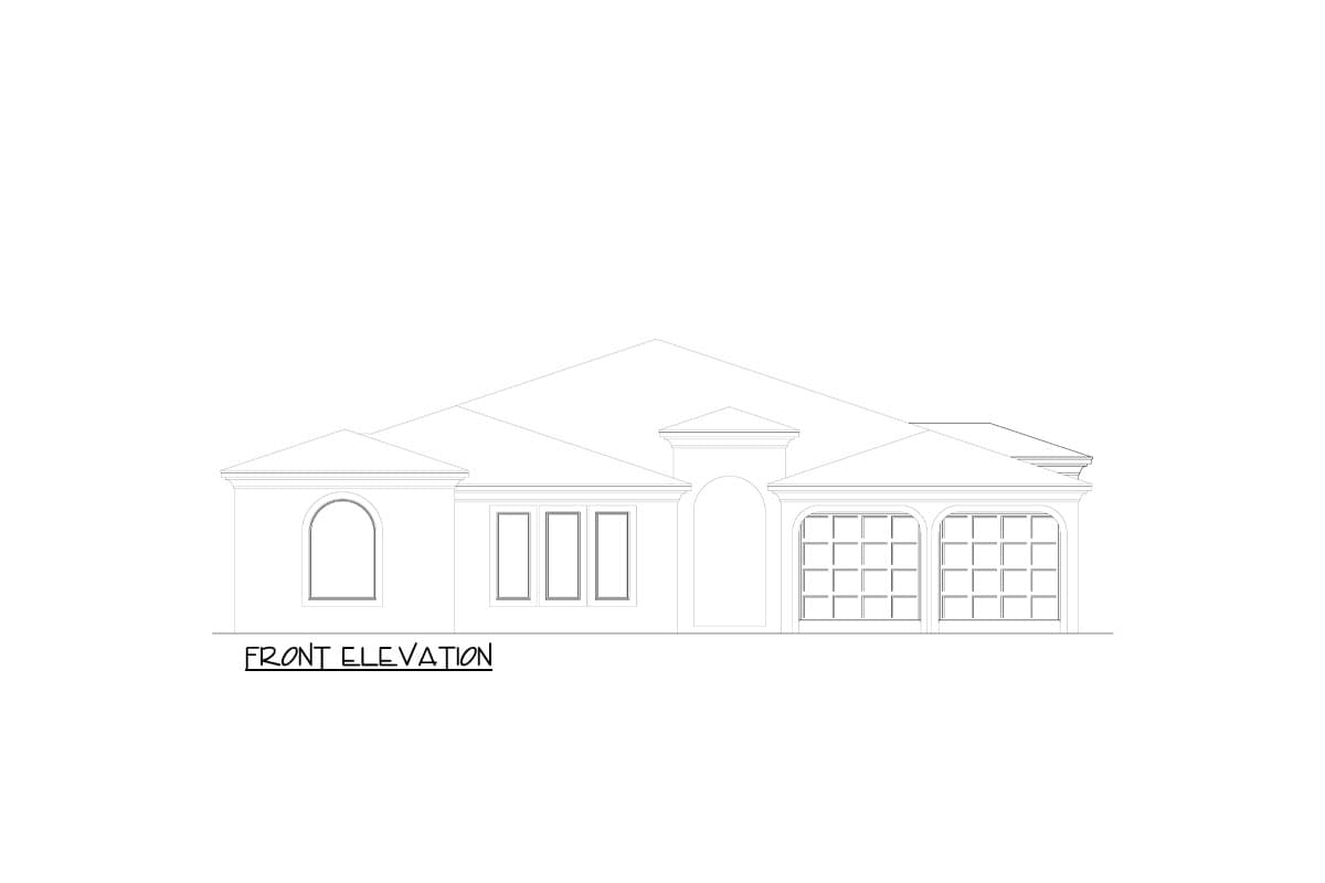 Front elevation drawing of a single-story house with a hip roof, arched entry, and double garage doors.