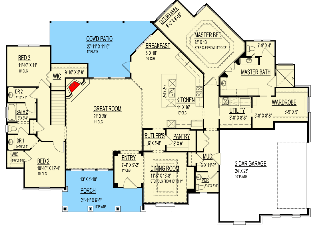 Plan 264205KMD: Two-Story Southwest House Plan with Upstairs Loft - 3558 Sq Ft - Floor Plan - Main Level - Hill Country, Southwest, Spanish