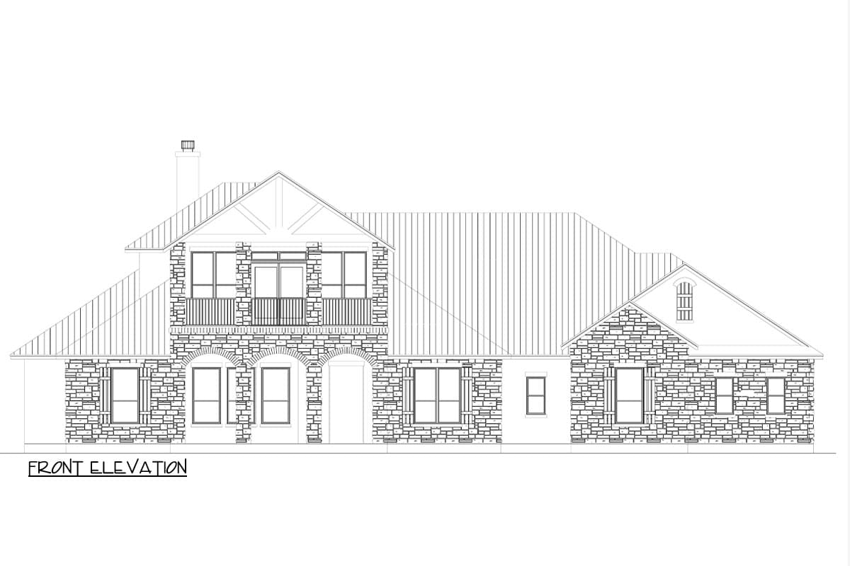 Front elevation drawing of a two-story house plan with stone exterior, prominent gables, and a second-story balcony.