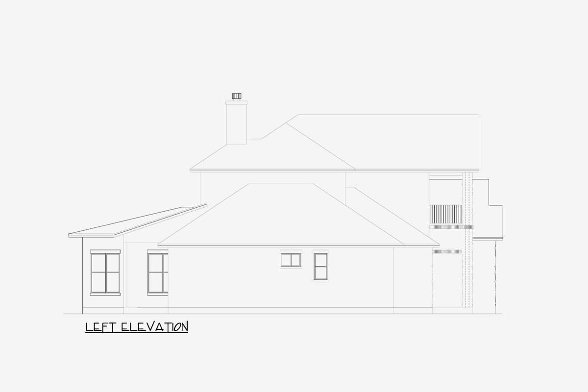 Left elevation house plan showing a two-story structure with a chimney, multiple rooflines, and a balcony.