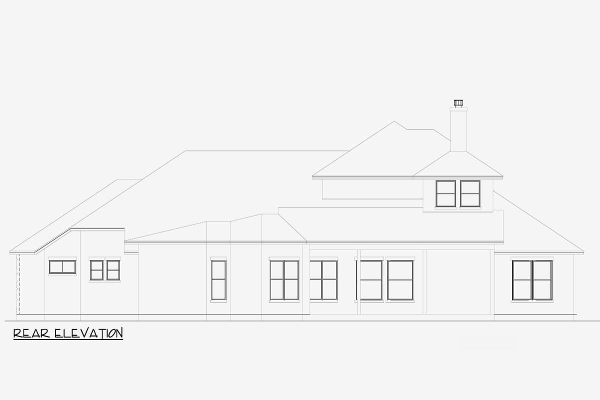 Rear elevation drawing of a house plan with multiple rooflines and a chimney.