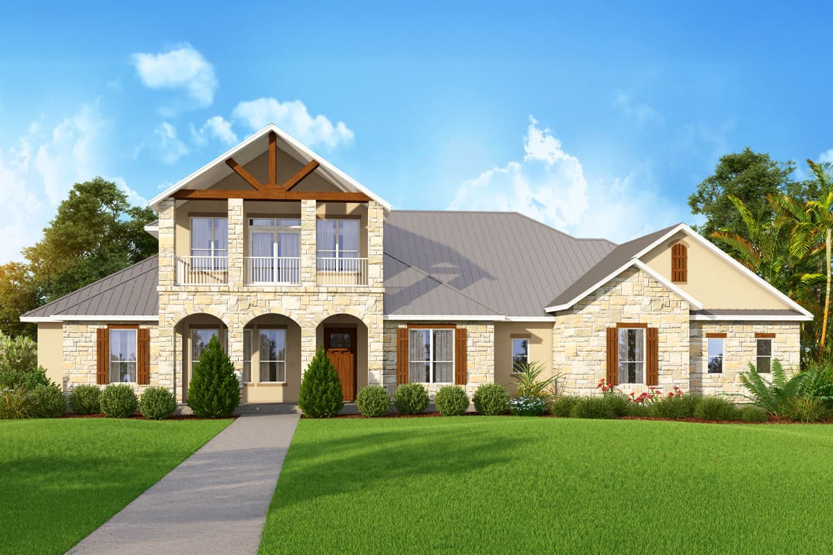 House plan exterior. Two-story home with stone facade, balcony with white railing, arched entry, and a multi-gabled roofline.