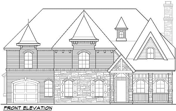 Front elevation house plan drawing with stone and siding, multiple gables, turrets, and a covered porch.