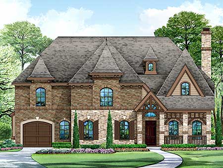 House plan exterior: two-story brick home with a side-entry garage, multiple gables, arched windows, and a prominent stone chimney.