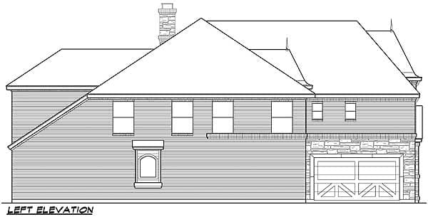 Left elevation drawing of a two-story house with a gabled roof, multiple windows, and a stone-clad garage.