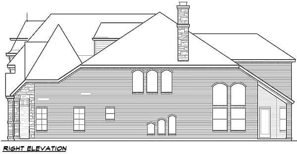 Right elevation house plan drawing shows multiple rooflines, a stone chimney, arched windows, and horizontal siding.