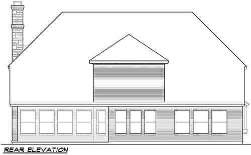 Rear elevation drawing of a house plan featuring a prominent chimney, large windows across the rear, and a dormer.