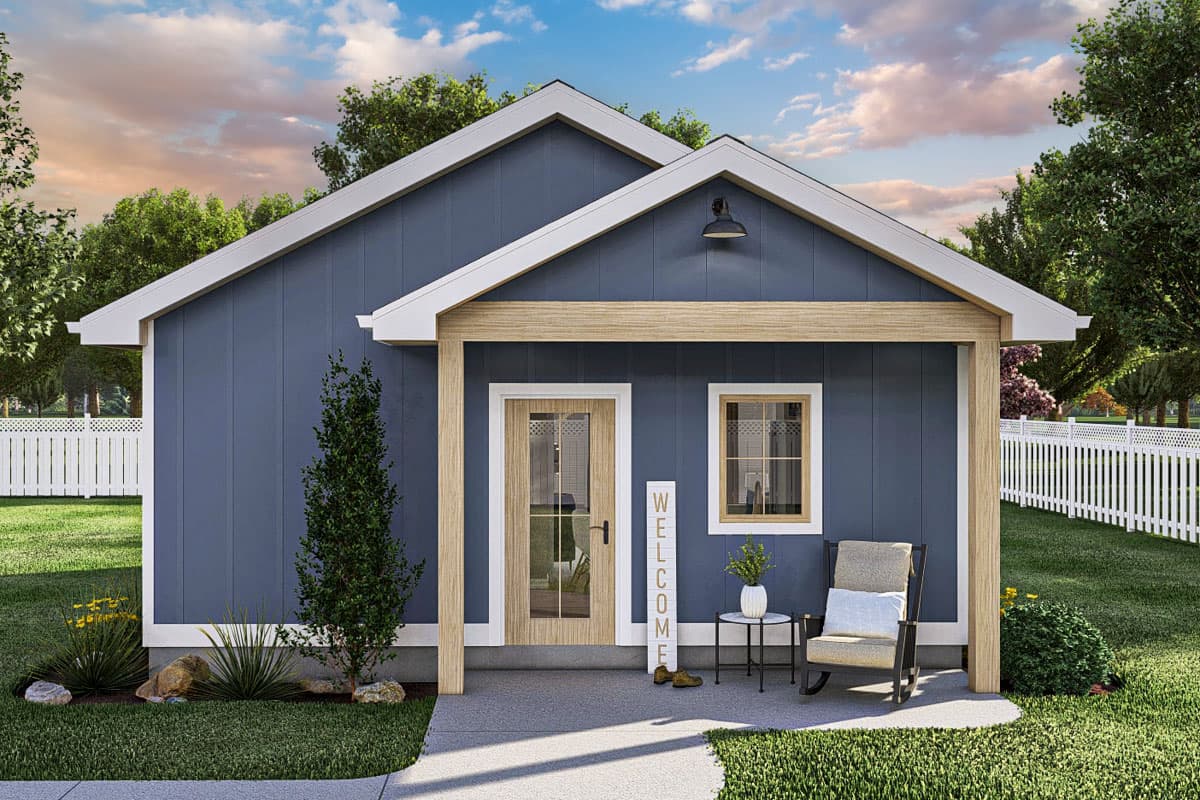 House plan exterior with gable roof, covered porch supported by columns, and a single story. Features a window, and front door.