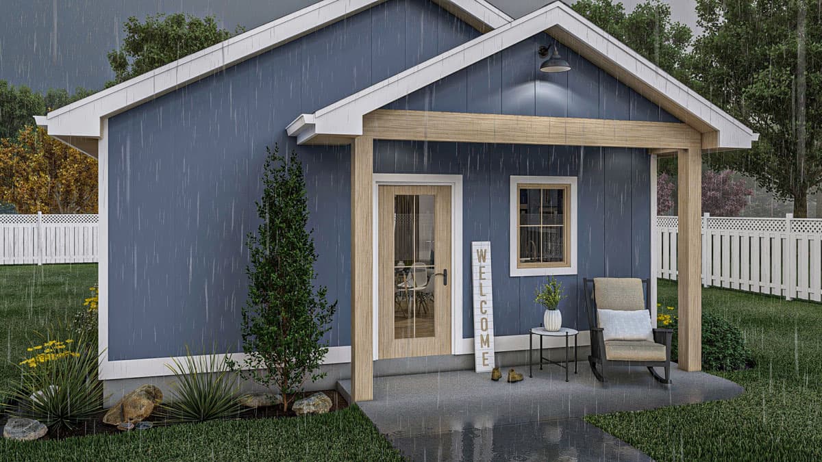 House plan exterior: one-story Modern Farmhouse with blue siding, gabled roof, covered porch with wood posts, and a single window.