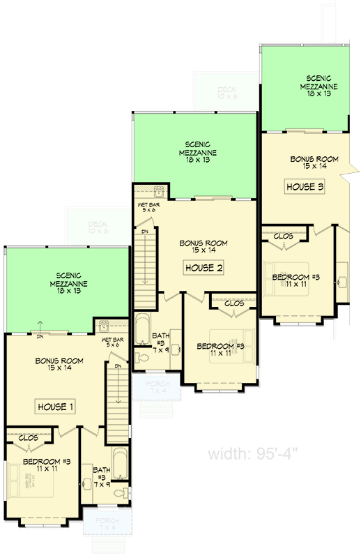Plan 680367VR: 5-Unit 3-Story Contemporary House Plan with Staggered 3-Bed 2-Story Units - 2019 Sq Ft Each - Floor Plan - 3rd Floor - Contemporary, Modern