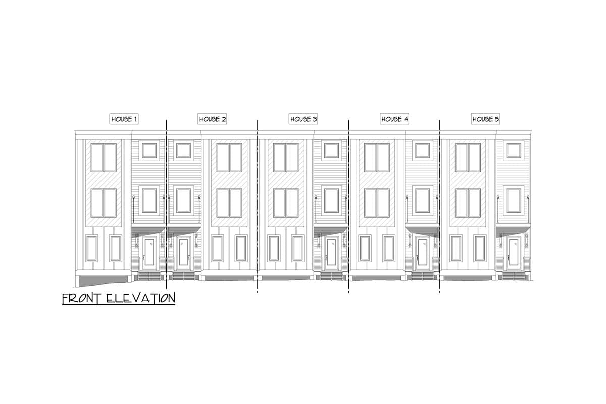 Front elevation drawing of five attached townhouses, each three stories with entry doors and second-story balconies.