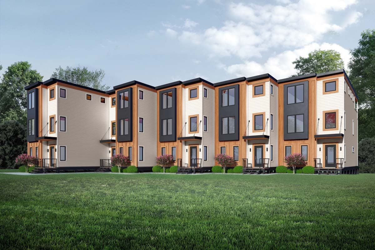 Modern townhouse exteriors feature light siding, wood accents, dark framing, and prominent windows across three stories.