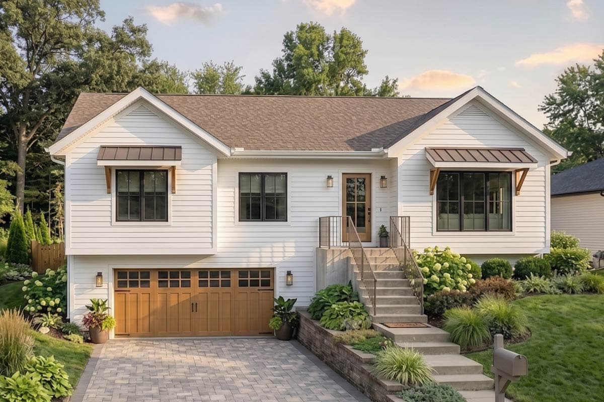House plan exterior: White siding, gable roof, two-car garage, and front entrance with steps and metal railings.