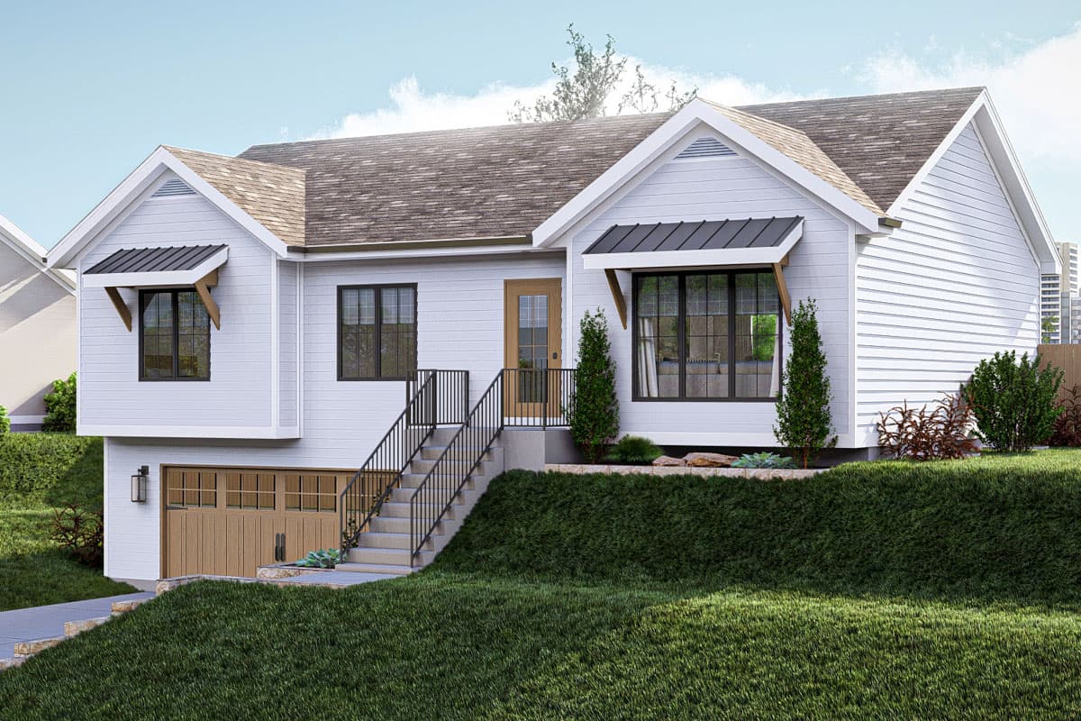 Modern Farmhouse house plan exterior with white siding, gabled roof, metal awnings, and attached garage.