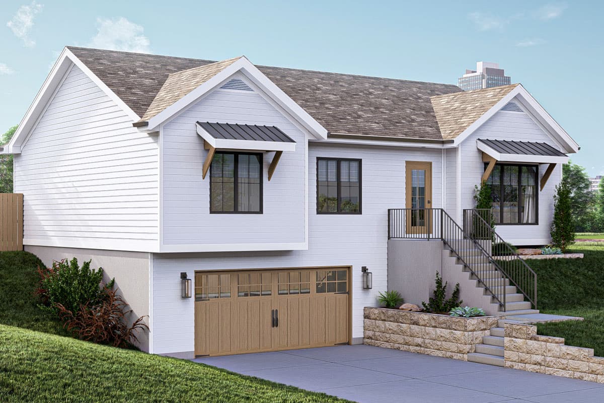 Modern Farmhouse house plan exterior with white siding, gable rooflines, pitched awnings, and a two-car garage.
