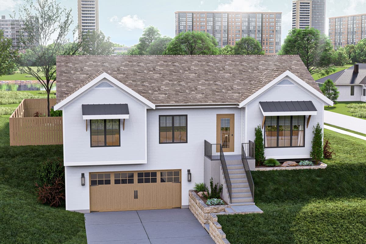House plan exterior of a modern farmhouse with a gable roof, two stories, a front-entry garage, and metal awnings over windows.