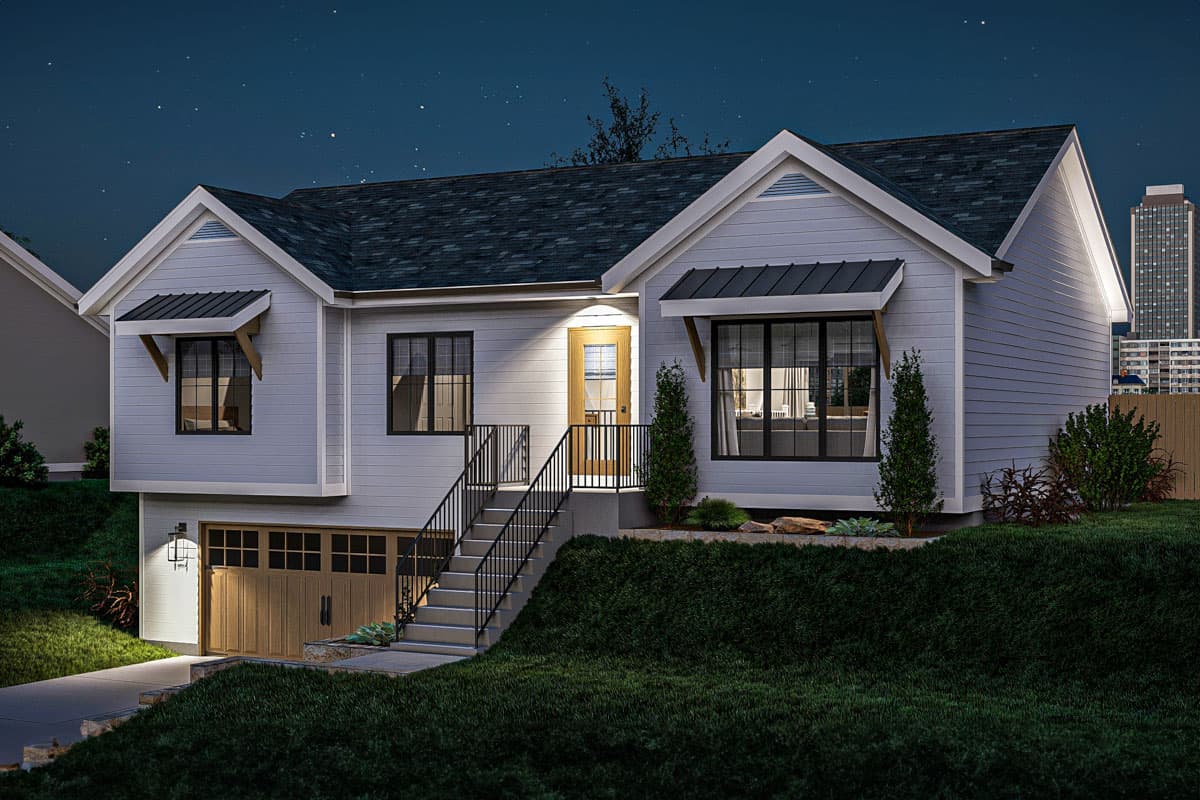 House plan exterior: Modern Farmhouse style, one story, gabled roof, front-facing garage, and raised entry with stairs.