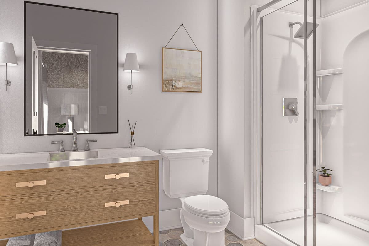Bathroom rendering with wood vanity, chrome fixtures, toilet, and glass-enclosed shower with shelves.