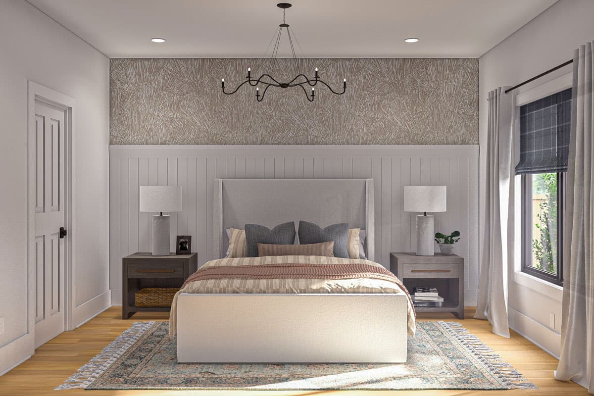 Bedroom rendering with king bed, textured accent wall, wainscoting, bedside tables, and window with curtains.